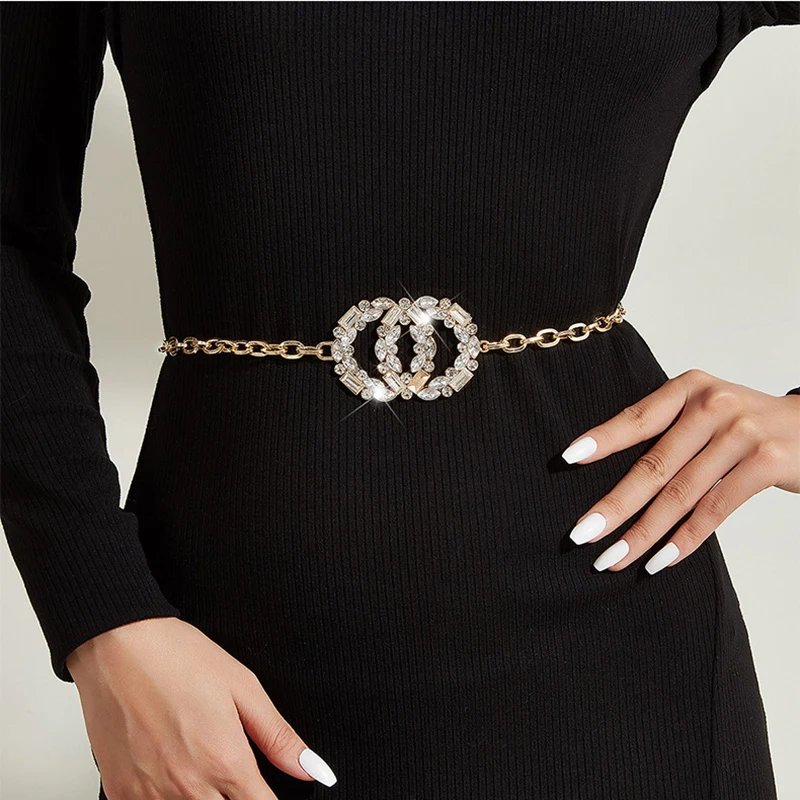 

Metal Chain Belt For Women Double Round Rhinestone Buckle Waist Chain Female Girl Dress Jeans Decorative Waistband Accessories