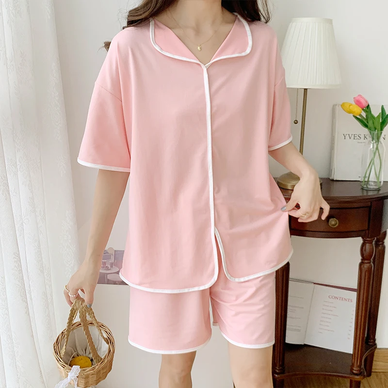Summer Imitation Cotton Thin Solid Color Pullover V-neck Short Sleeve Shorts Pajamas Women's Set Casual Simple Sweet Homewear
