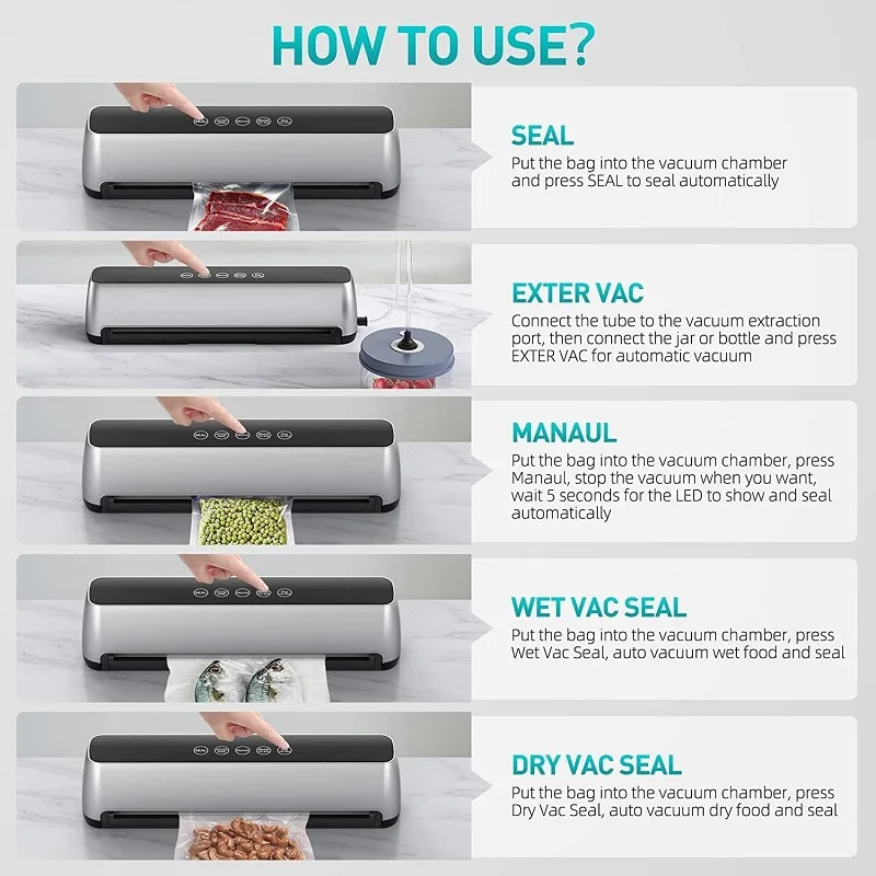 Automatic Vacuum Sealer Machine LED Touch Panel Hands-Free Operation Degasser for Food Storage Dry and Wet Food Witasser 15 Bags 5