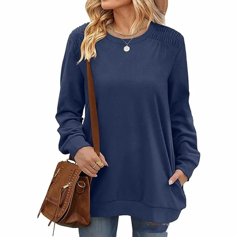 Autumn and Winter Women's Pullover Round Neck Solid Shirring Pocket Lantern Long Sleeve Sports Sweater T-shirt Casual Tops