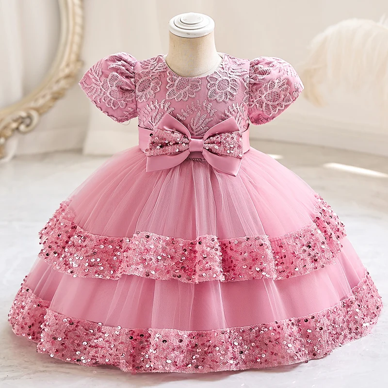 

M7606 Girls' Dress Palace Style Small Preschool Children's Bubble Sleeve Bowtie Princess Cute Performance