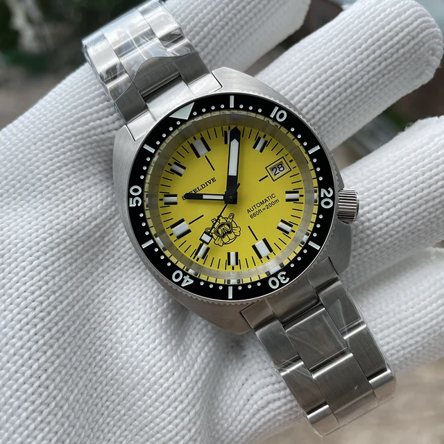 STEELDIVE-reloj mecánico automático para hombre, pulsera de mano de acero inoxidable NH35 de 42MM, esfera amarilla, SD1977T 1