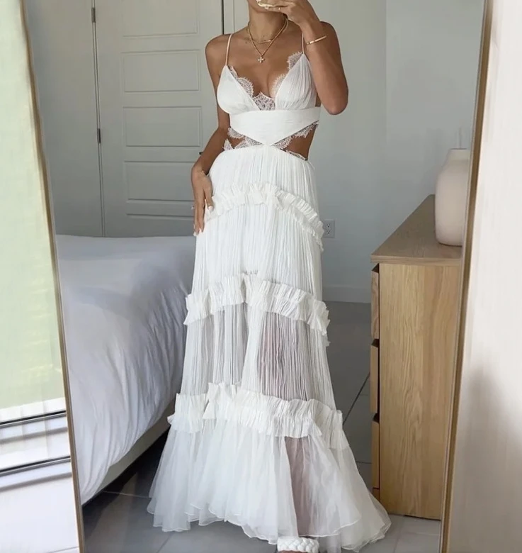 

Sexy Women's Dress 2024 Summer Sexy Strap Lace Perspective High Waist Hollow Out Dress Solid Color Open Back Long Dress