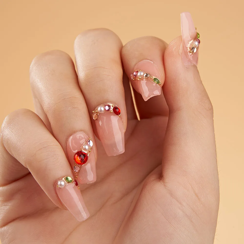 

Handmade Fairy Press on Nails Korean Pink Medium-length Reusable Adhesive False Nails Full Cover Nail Tips 3d Charm Design