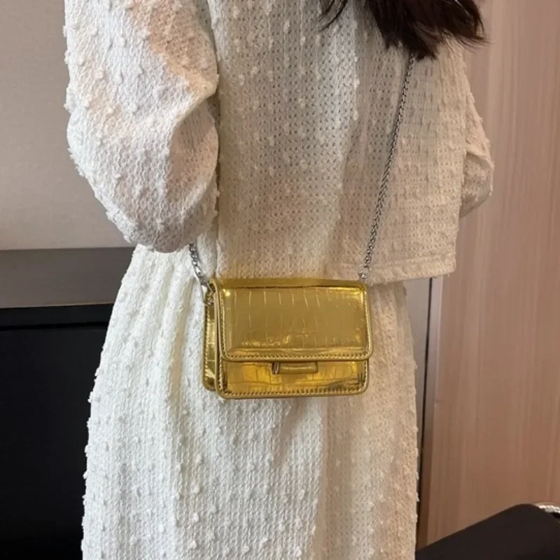 Vintage Women Silver Chic Crossbody Bag Luxury Designer Small Shoulder Bags Fashion Gold Mini Square Cute Pu Leather Handbag