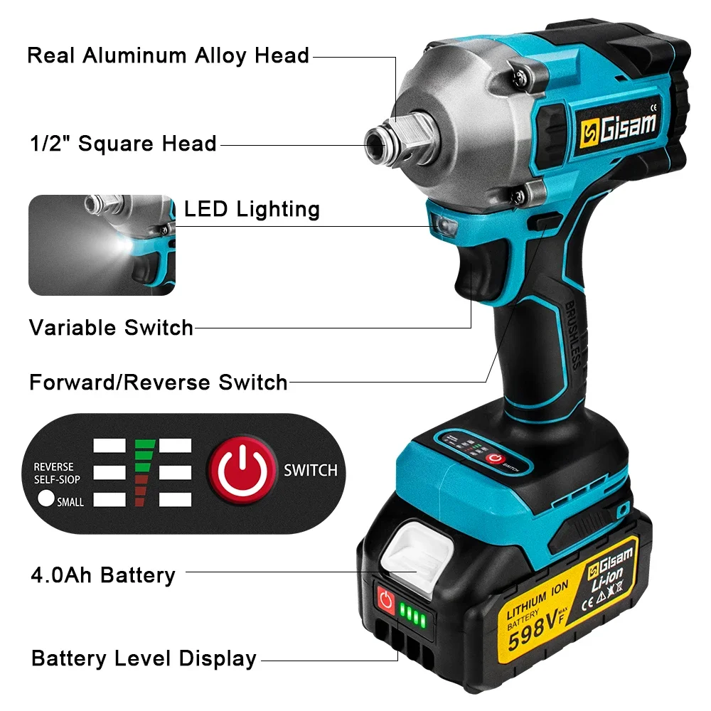 Gisam 1000N.M Torque Brushless Electric Impact Wrench 1/2 inch Cordless Wrench Screwdriver Power Tools for Makita 18V Battery 5