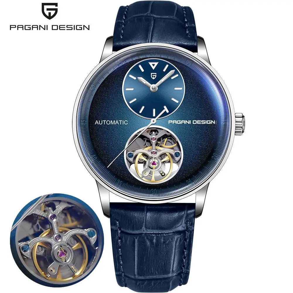 PAGANI DESIGN 42mm Mechanical Watch Automatic Movement Tourbillon Watch Stainless Steel 100m Waterproof PU Leather Strap