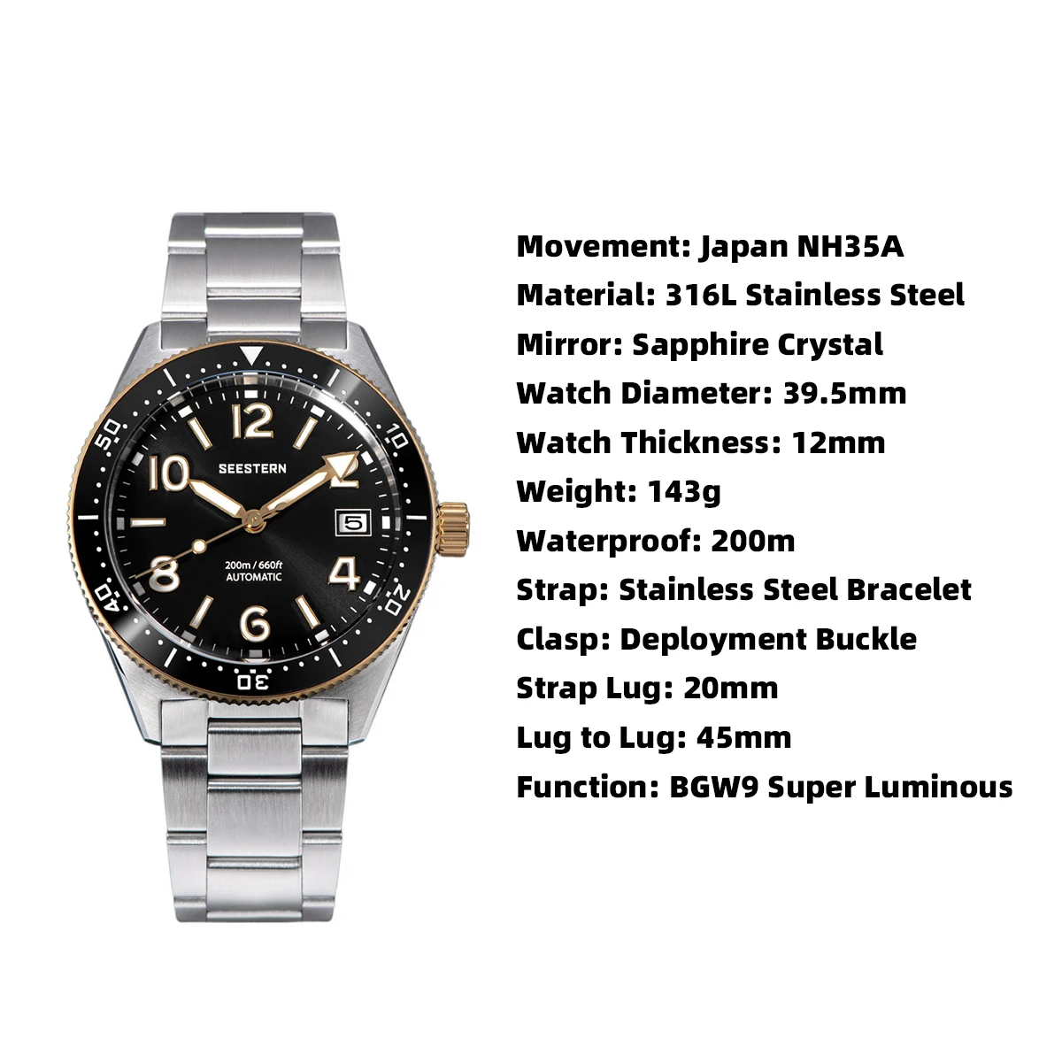 S434 Diver Watch Men Automatic NH35A Movement BGW9 Luminous Mechanical Wristwatches 20ATM Waterproof Sapphire Deployment Buckle