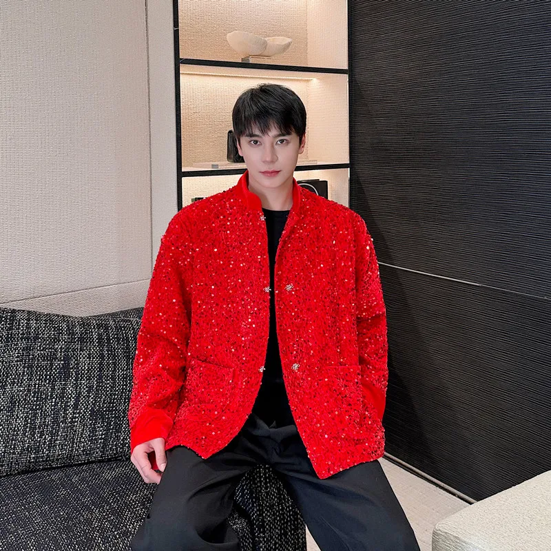 Fashion Spring New Red Suit Men's New Chinese Sequined Fried Street Jackets Trendy Male Long Sleeve Pocket Single-Breasted Coats