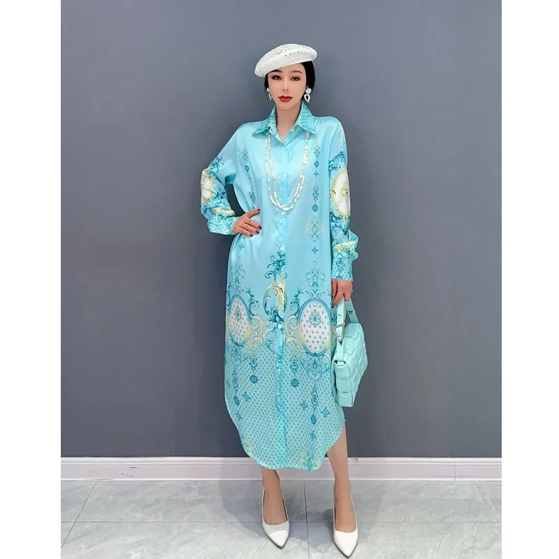 

2023 Summer New Fashion Silk Dress Blue Printed Women Dress