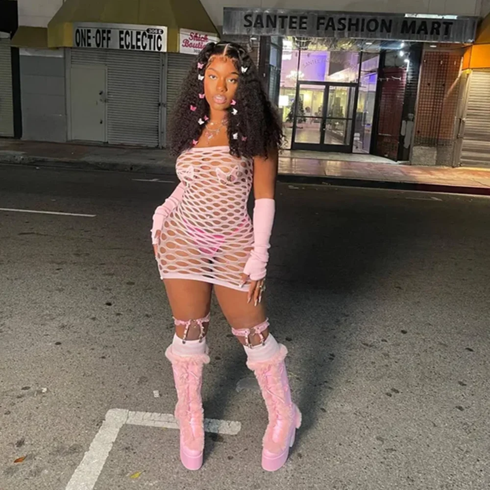 2024 New Mesh Hollow Out Women's Mini Dress Sexy Club Party Bodycon Fashion Evening Dresses Elegant Clothes Pink Luxury Dresses 2