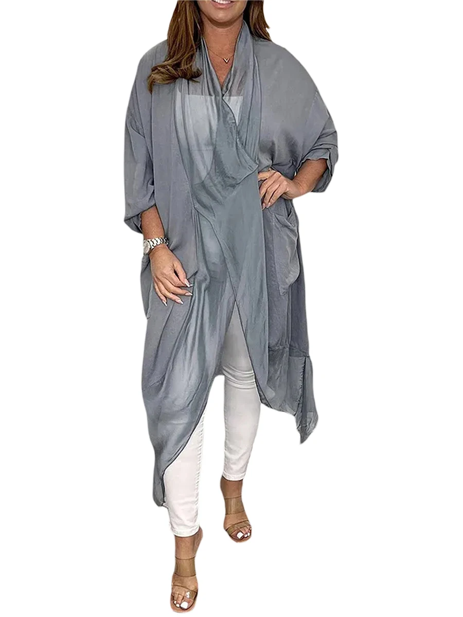 

Y2K Women s Loose Tunic Tops Casual Batwing Sleeve V Neck Solid Color Mesh Dresses Sheer Chiffon Caftan