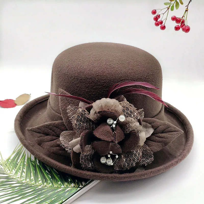 Spring Winter Women Floral Wool Cap Hats Fedoras Stylish Western Bucket Hats Warm Female Bowler fashion hat