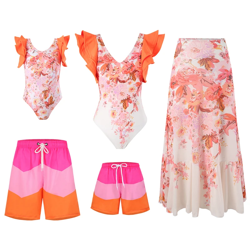 

2024 Family Matching Swimwear Ruffled Sleeve Mother Daughter Swimsuit Mommy and Me Bikini Dresses Clothes Father Son Swim Shorts