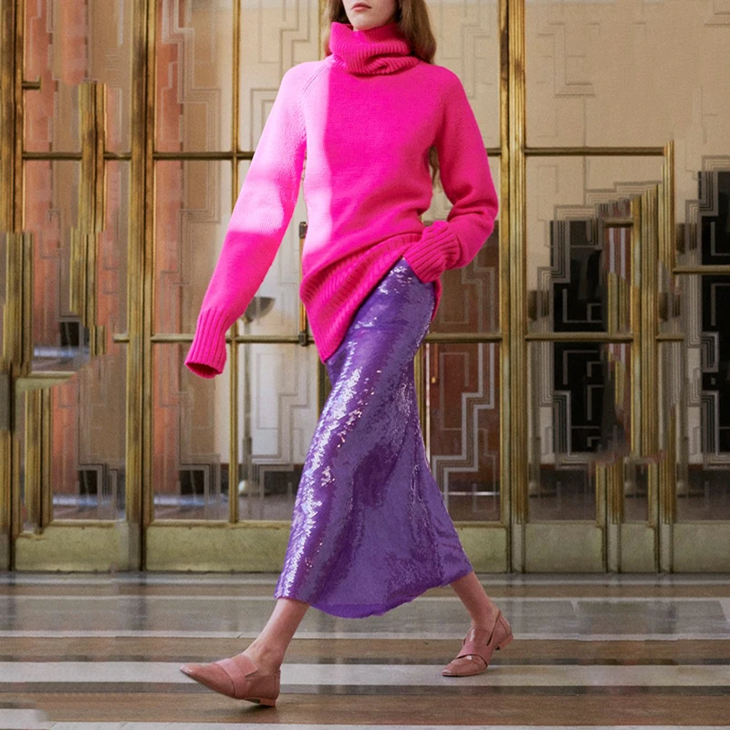 Purple  High-waisted Elegant Flared  Sequined Tulle Midi Skirt
