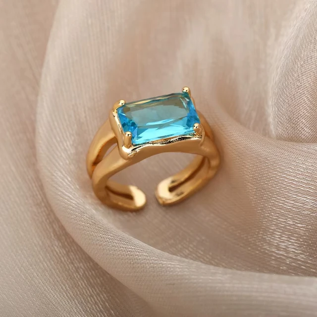 Bagues de luxe en Zircon coloré bleu pour femmes, en acier inoxydable plaqué or, fleur papillon, bijoux brillants de fête exquis, 2025