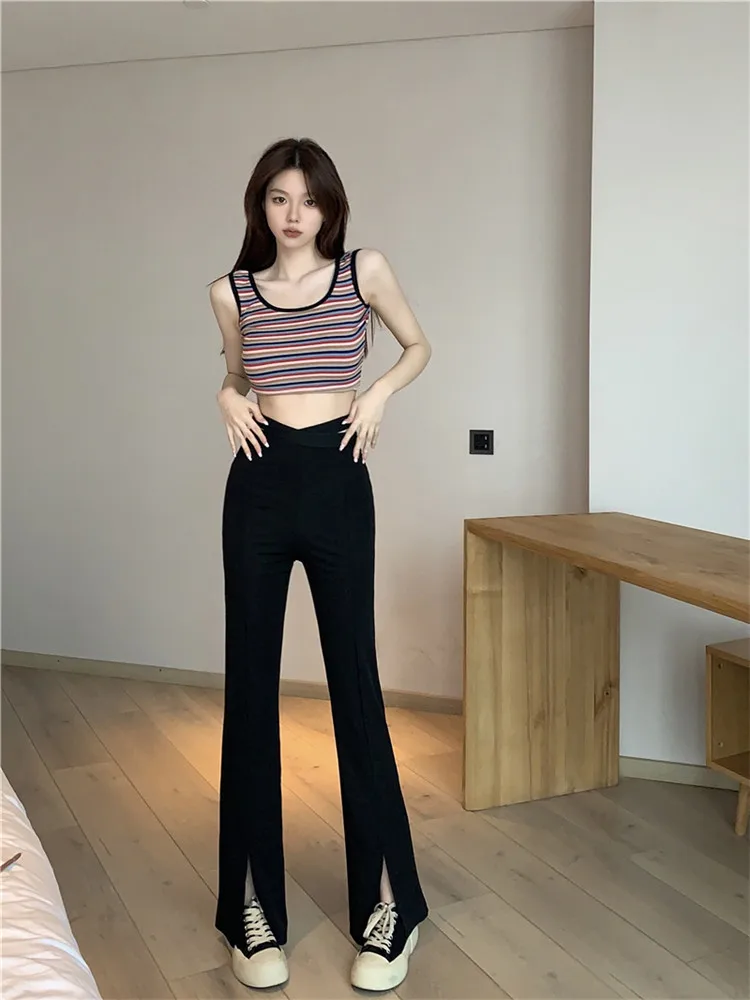 Women Wide Leg Pants Black Small Split Casual Pants Women's Summer Spice Girl High Waist Design Hollow Micro Horn Pants