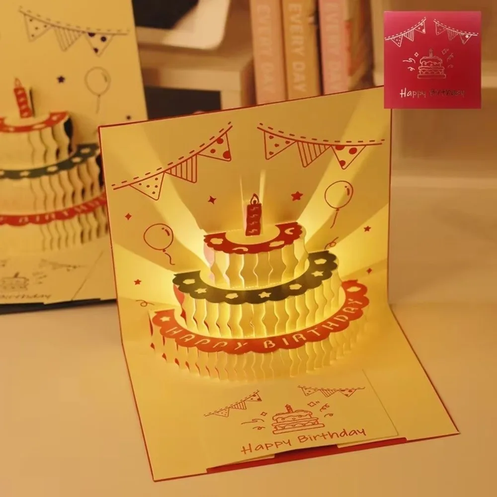 Hollow Carving 3D Cake Birthday Card Folding Unique Pop-Up Greeting Card with Envelope Funny LED Light Pop-Up Card