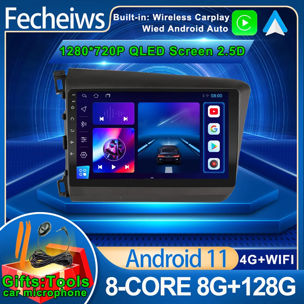 Автомагнитола для Honda Civic 2012 2013 2014 2015 Android 11 QLED мультимедийный видеоплеер