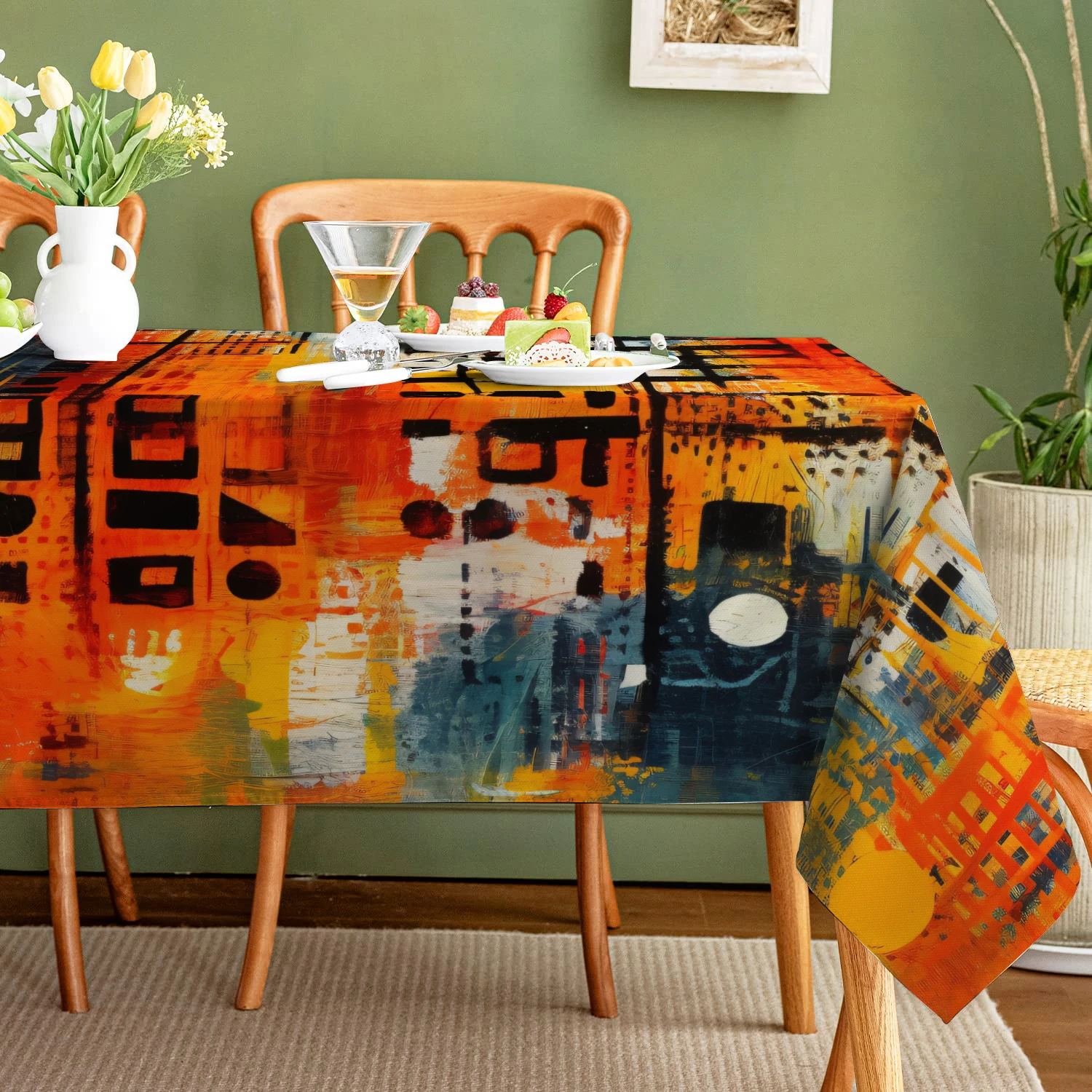 Geometric Abstract Watercolor Waterproof Rectangular Polyester Tablecloth Home Decor Kitchen Living Room Wedding Party