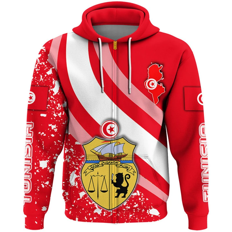 thumbnail image 1 of Sudadera con capucha y estampado de mapa de la bandera de Túnez 2024, nueva moda, sudaderas con capucha y cremallera con estampado 3D nacional tunecino, ropa para hombre, jerséis, 1 of 4