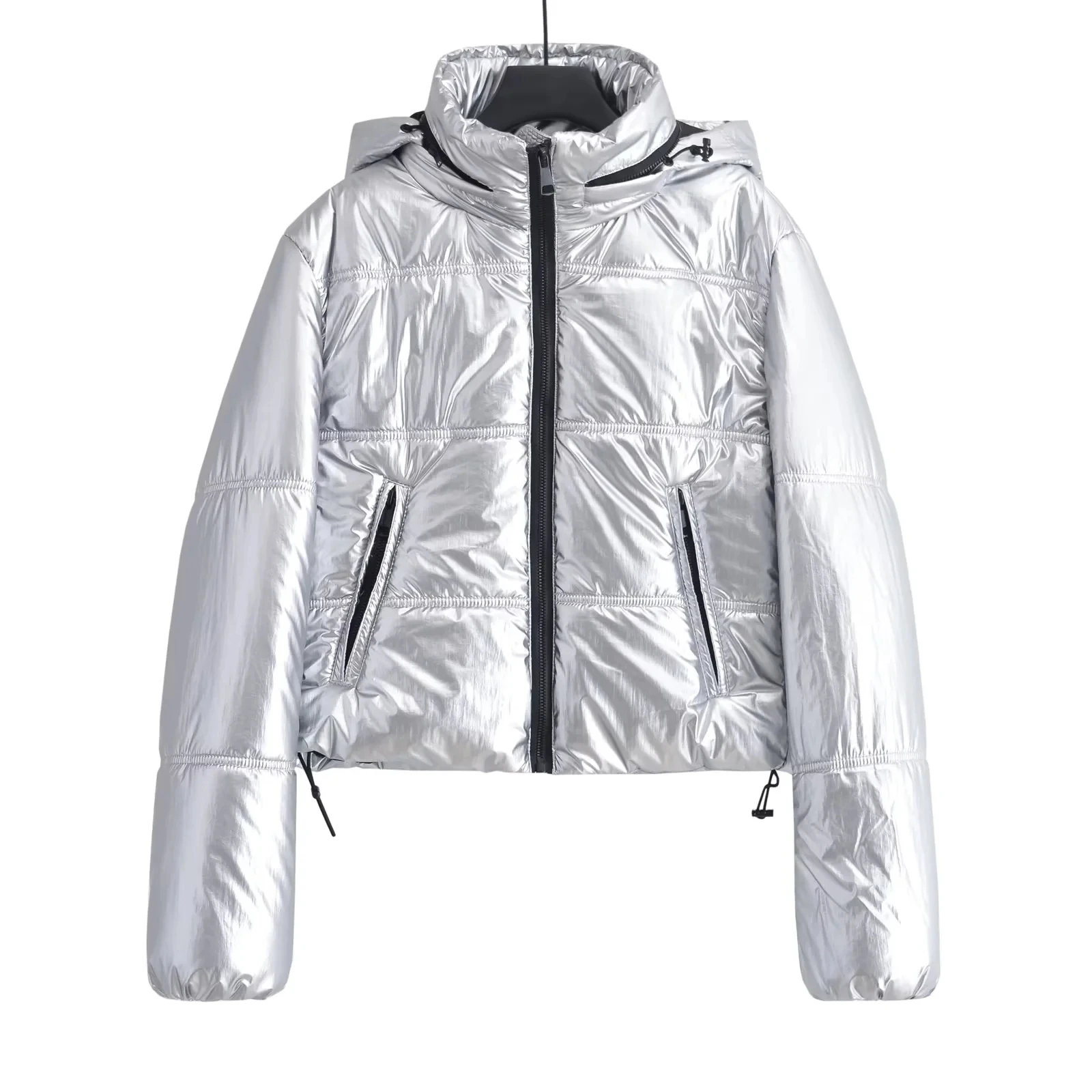 

TRAF Woman Crop Hooded Puffer Jacket Silver Long Sleeves Zip Parka 2024 Winter New Waterproof Windbreaker Short Jacket Outerwear
