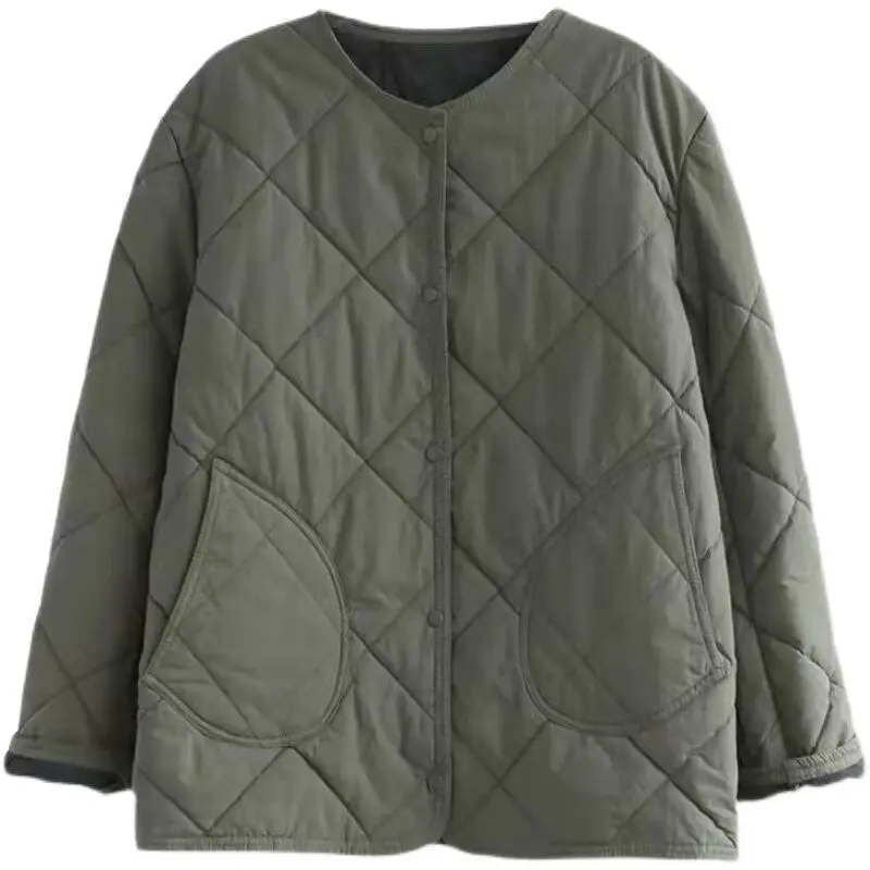 New Korean Version Loose and Thin Round Neck Diamond Lattice Cotton-padded Jacket Women 2022 Winter Simple Cotton-padded Jacket