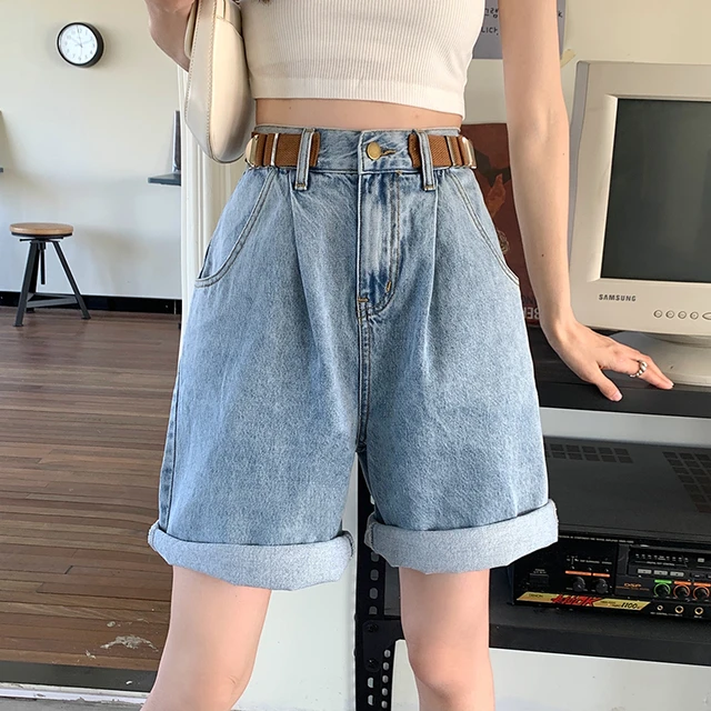 S-XL 2 Colors Knee Length Denim Shorts Women wide leg High