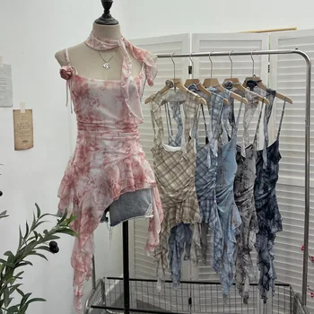 Women's Vintage Tie-dye Printed Mesh Spaghetti Strap Camisole Hot Girl Irregular Ruffled Ribbon Sleeveless Top Partyclub 1185 1