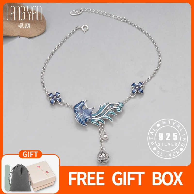 925 Sterling Silver Enamel Anklets 25cm for Women Chinese Style Langyan Ethnic Blue Peacock Flower Foot Bracelet anklet bracelets silver anklets