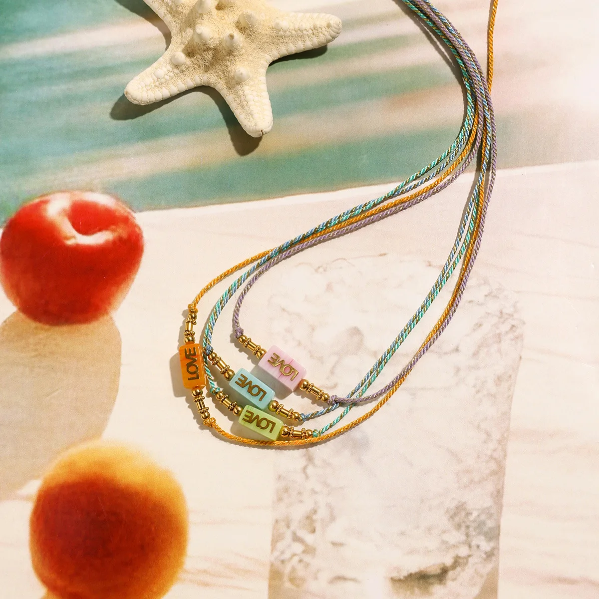 Colorful Rope Chain Clavicle Necklace Lettering 'LOVE' Square Natural Stone One Piece Choker Femal Delicate Summer Daily Jewelry