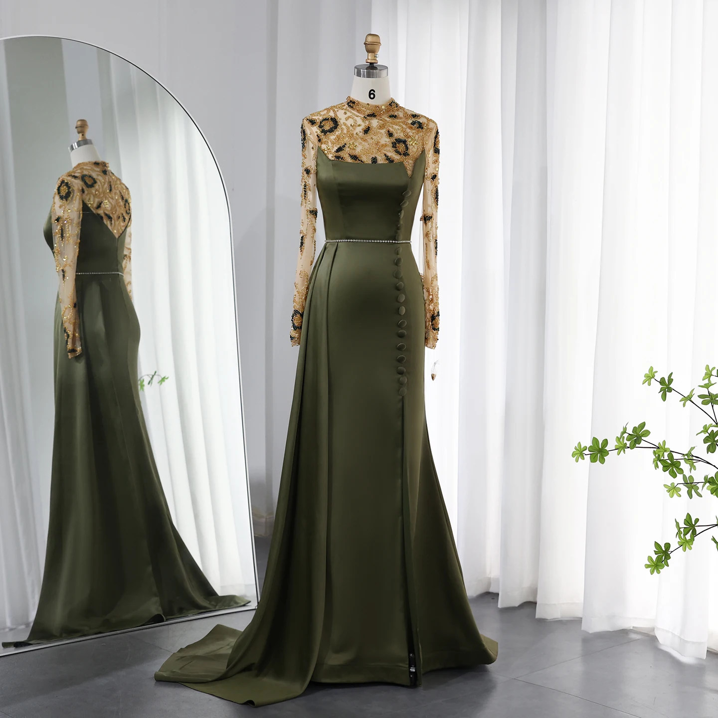 

Jancember Luxury Dubai Olive Green Mermaid Evening Dress For Women Wedding Elegant Long Sleeve Muslim Formal Party Gowns Sz529