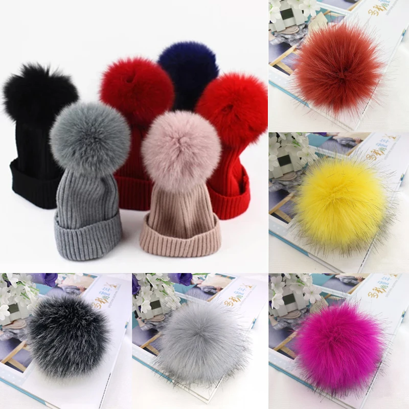 Women 10/12cm Large Faux Raccoon Fur Pom Pom Ball with Press Button /  Elastic Rope for Knitting Hat Keychain Pendant