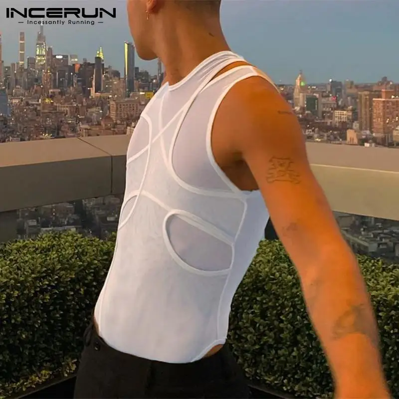 INCERUN 2022 Comfortable Homewear Men's Jumpsuit See-through Mesh Solid Color Male Irregular Sleeveless Triangle Bodysuits S-5XL mens pajama bottoms