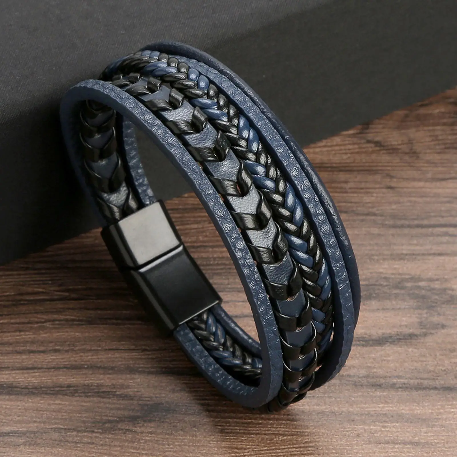 Men's Genuine Leather Bracelet With Magnetic Clasp - Multi-Layer Braided Beaded Cuff - Adjustable Stainless Steel - Gift For Him