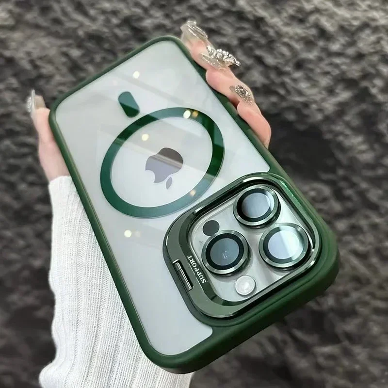 Premium Transparent Magnetic Wireless Charging Case with Metal Stand and Glass Lens Protection
