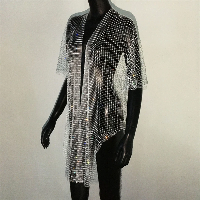 Frauen Badeanzug Mesh Diamanten Bikini Cover Up Sexy Aushöhlen Durchsichtig Fishnet Strass T-Shirt Strand Party Schal Strickjacken – Detail 8