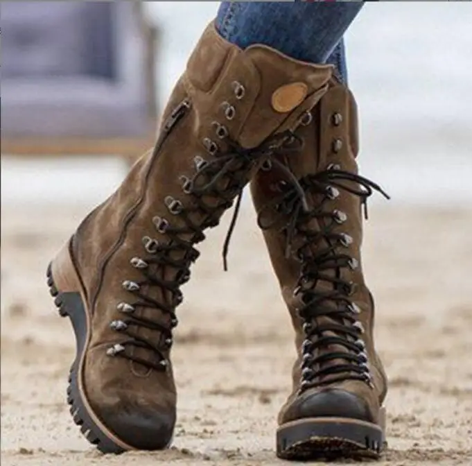 Winter Fashion Women's Mid-Calf Boots Round Toe High suede boots Lace-Up Side Ladies Boots Comfortable Non-Slip Motorcycle Boots