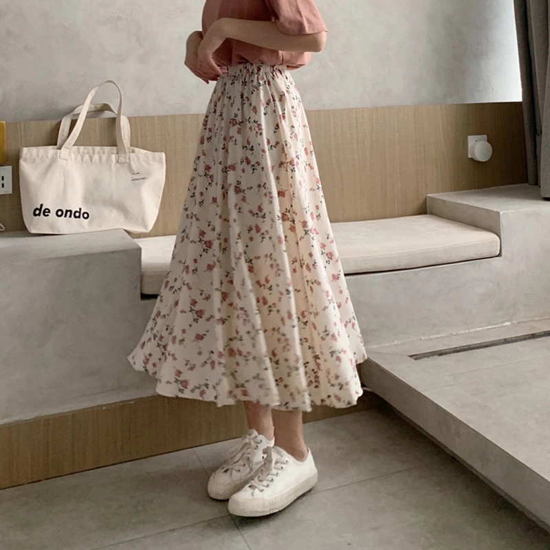 Vintage Floral Print A-line Pleated Long Skirts Summer Women 2022 Korean Skirt Streetwear Drawstring Elastic Waist Midi Skirt