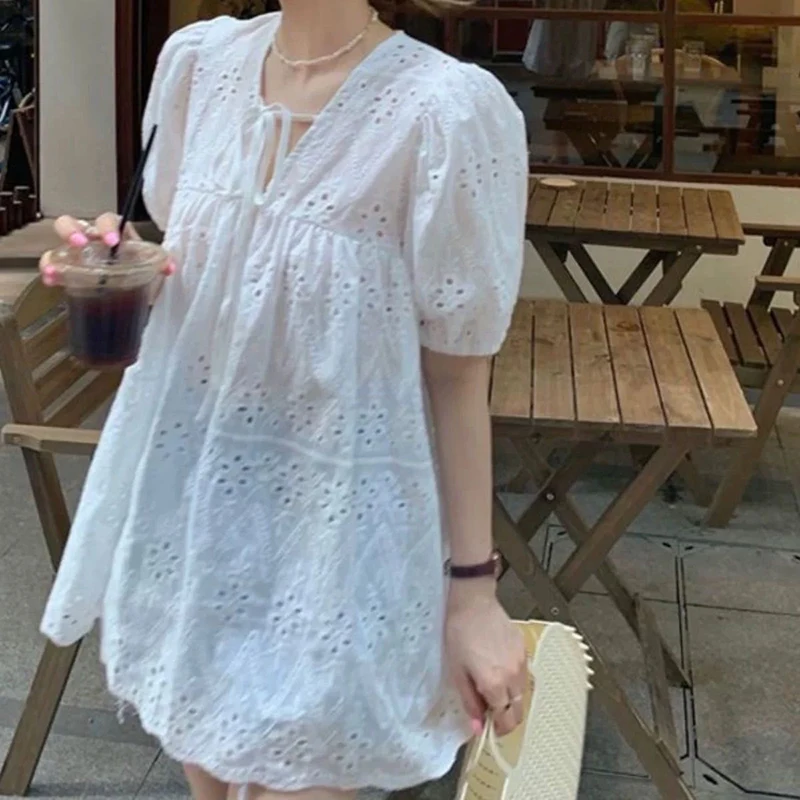 White Hollow Out Blouse New Lapel Long Sleeve Loose Fit Shirt
