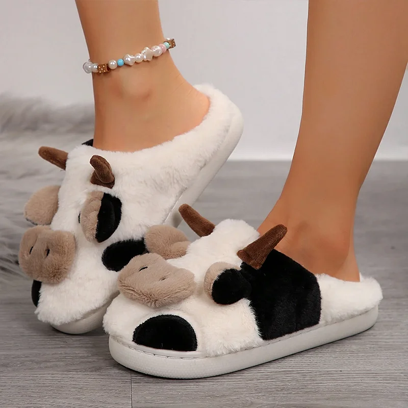 Ladies' Winter Slippers Cute Cartoon Heart Animal Cow Fur Warm Cotton Anti-Slip Home Comfortable Girls' Footwear female slippers