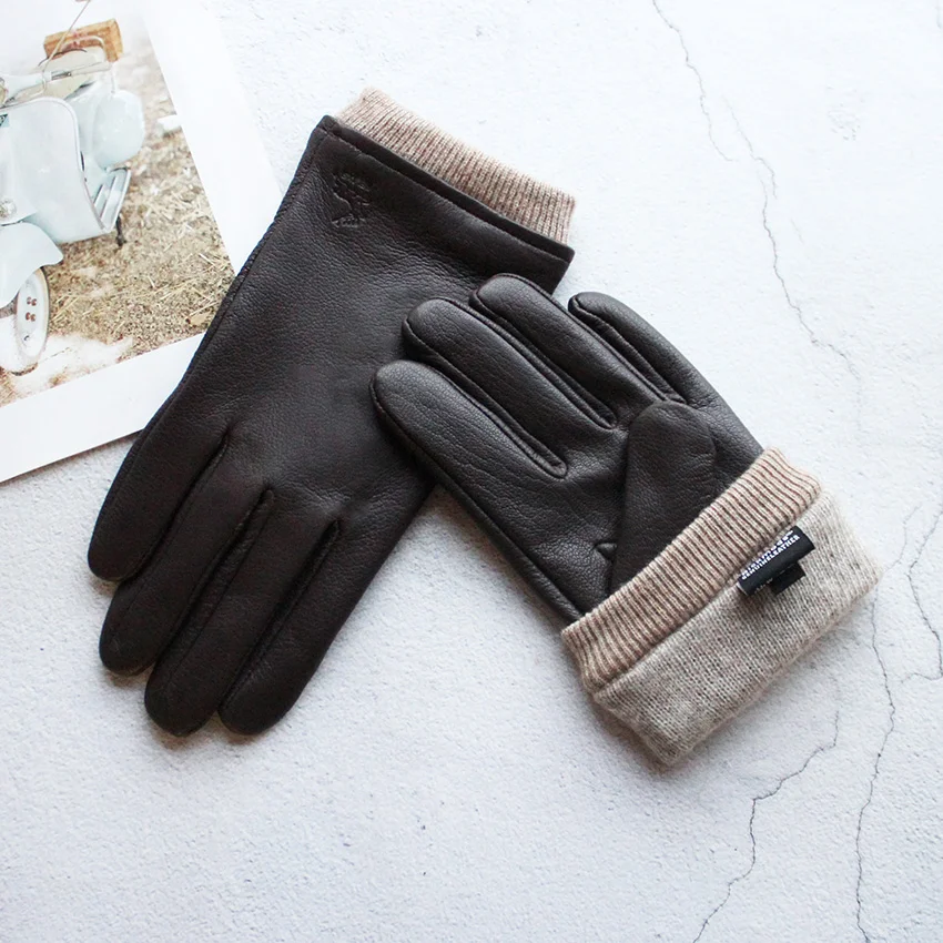Deer Skin Gloves Men's Touch Screen Dark Brown Genuine Leather Retro Style Autumn and Winter Warm Motorcycle Riding Gloves