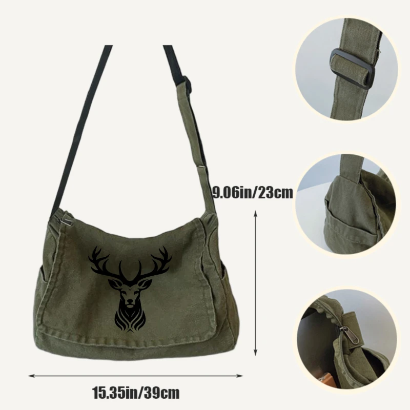 Vintage Men's Messenger Bag Deer Print Canvas Shoulder Bag Large Capacity for Travel Daily Use Crossbody Bag