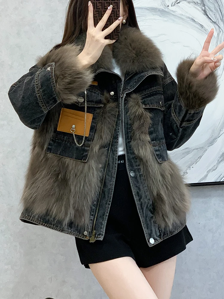 Chic Metal Chain Moto Biker Style Denim Fur Jacket Women Winter Thick Warm Zipper Up Overcoat Loose Casual Short Coat Trendy