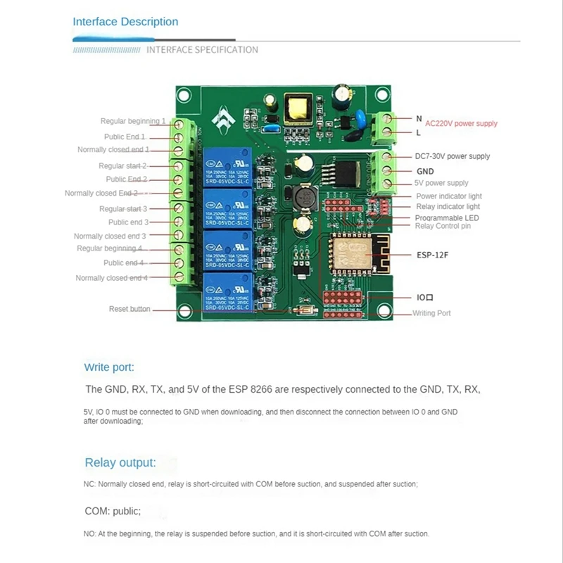 4채널 ESP8266 무선 WIFI 릴레이 모듈 ESP-12F 개발 보드 AC90-250V/DC7-30V/5V E- APP 원격 제어-ABFB