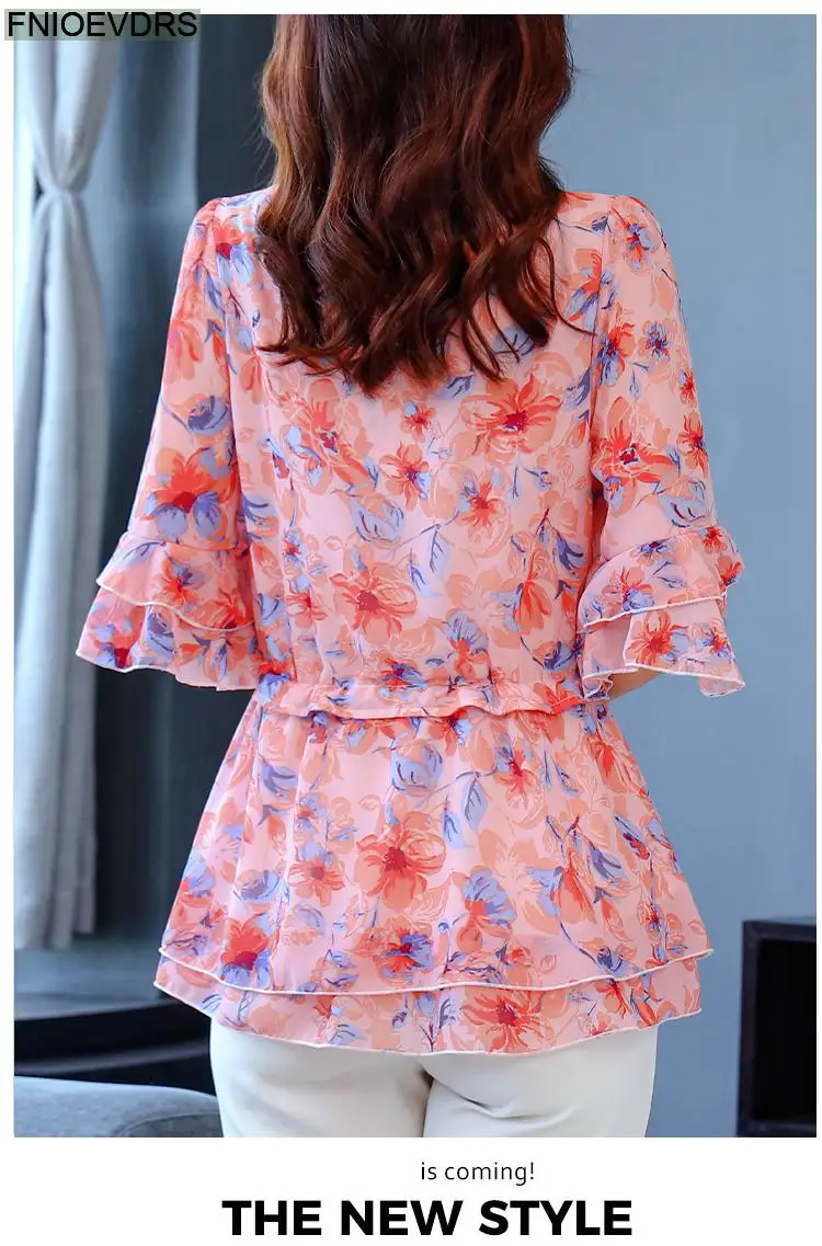 S-4XL Loose Clothes 2023 Women Summer Slim Waist Drawstring Ruffles Shirts Casual Chiffon Floral Tunic Peplum Tops And Blouses