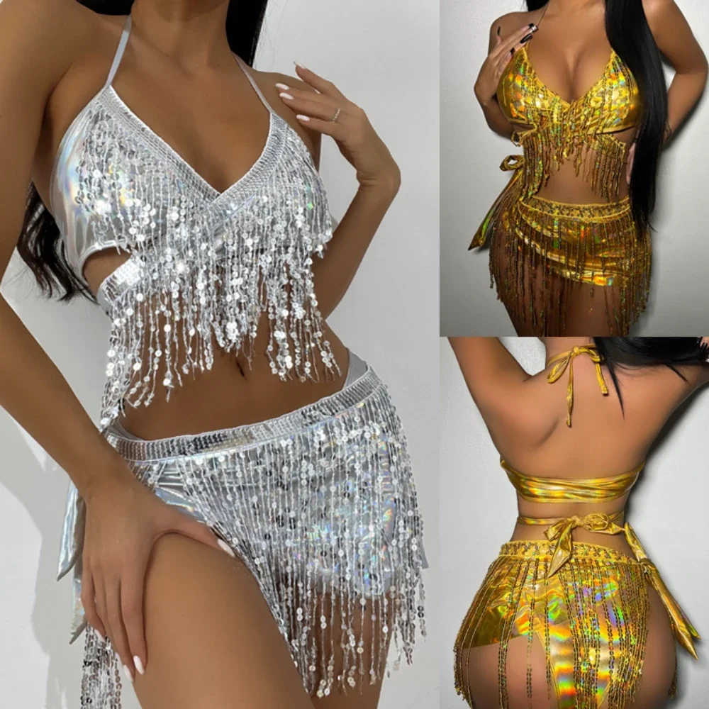 2024 New Split Swimsuit Set of Three Women Flash Cloth Sexy Fringed Bikini Bikini Now