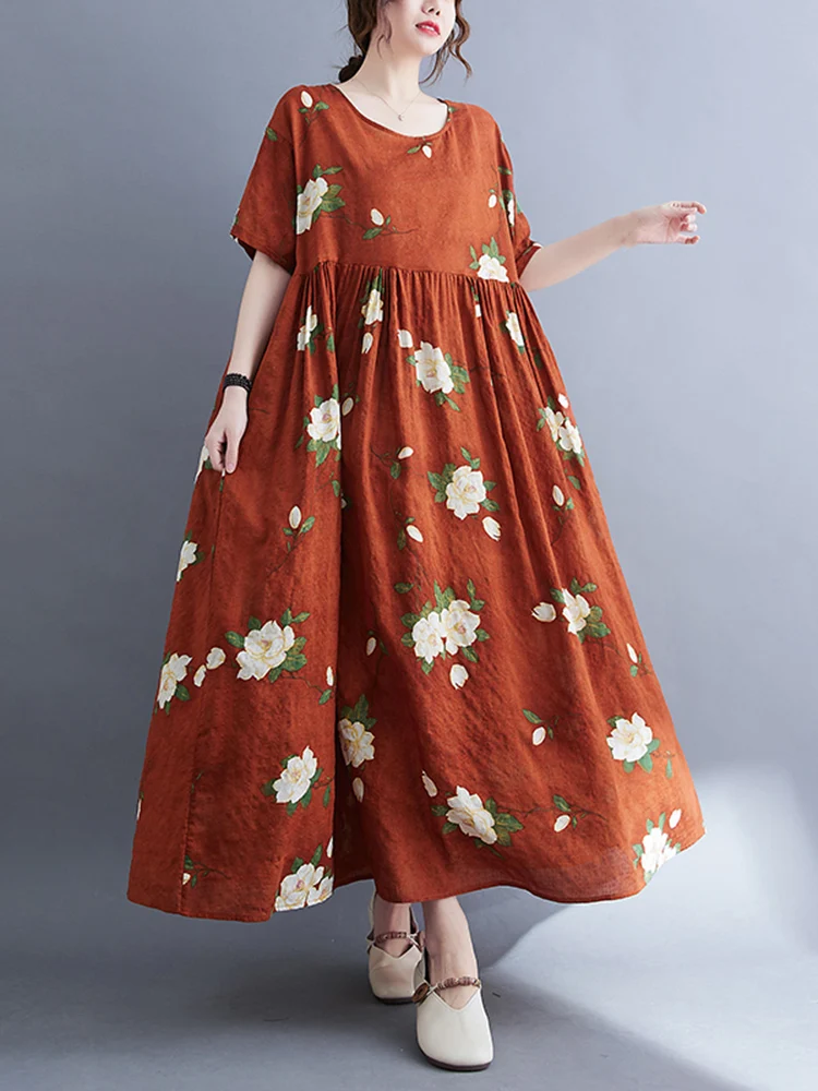 2025 New Spring Summer Women Over Size Cotton Linen Dress Vintage Dresses Casual Loose Long Vestido Female Robe Elegant Clothing