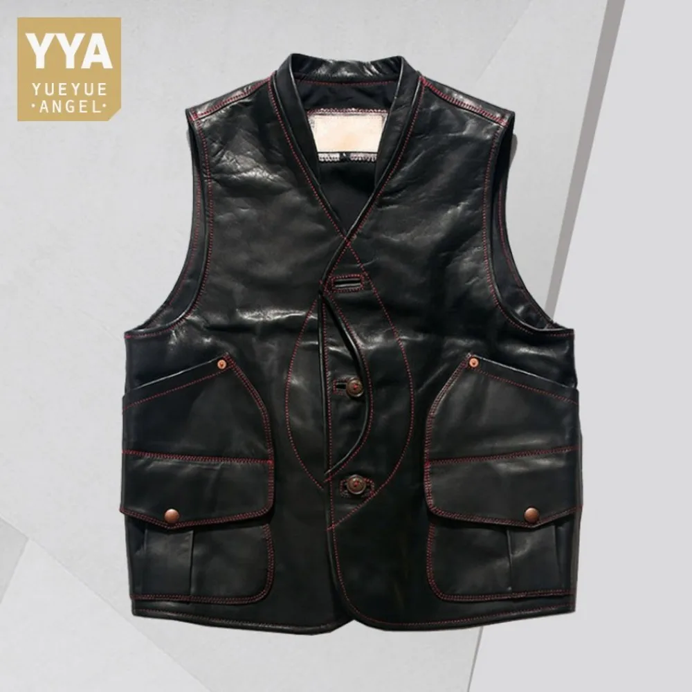 

Genuine Vintage Leather Motorcycle Bikers Vest Men Multiple Pockets Sleeveless Cargo Jacket Male V Neck Casual Short Waistcoat