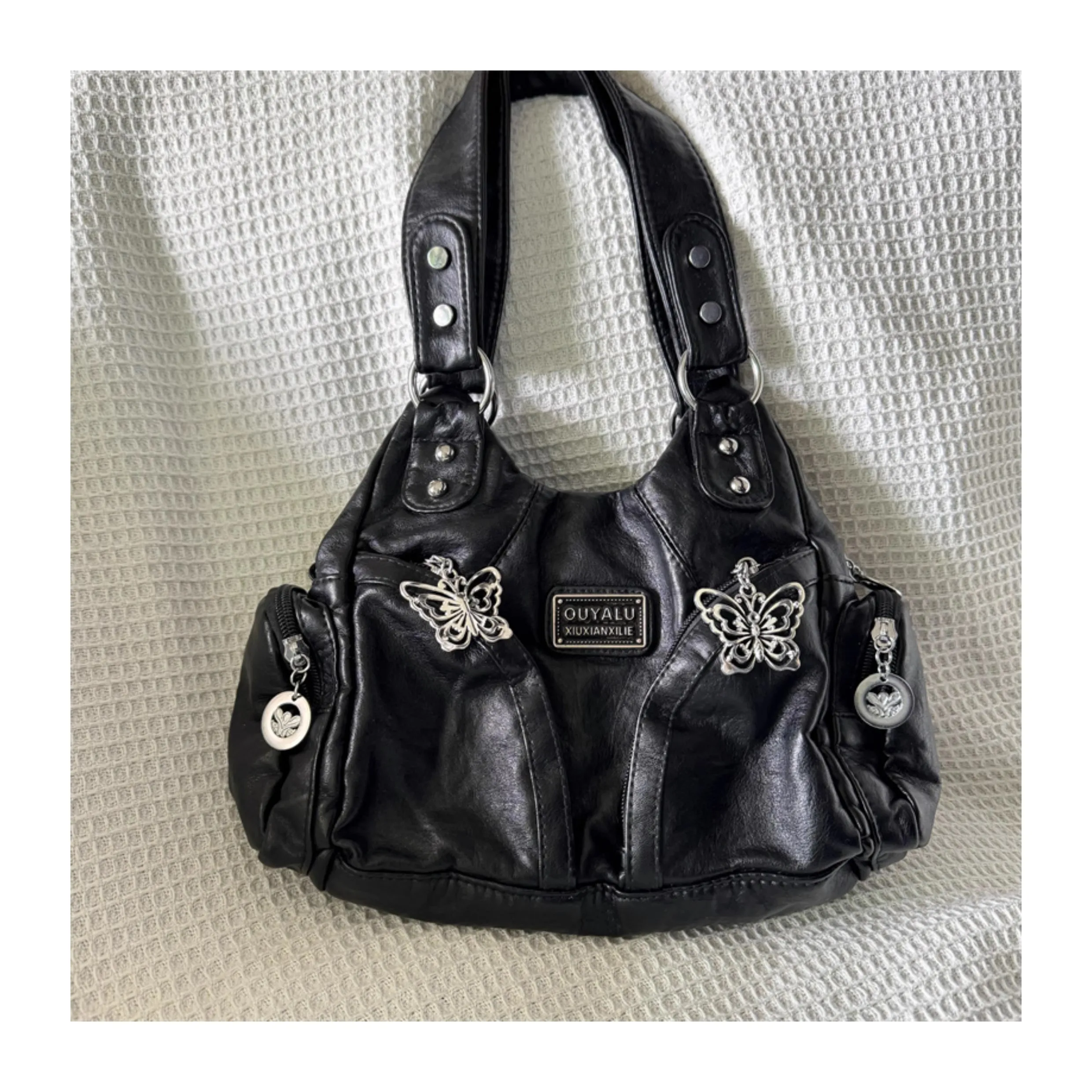 バッグ FULRA hand bag soho black leather y2k Y2k Black Womens Shoulder Bag Advanced Fashion Tote Bag